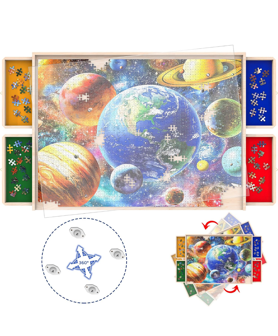 Rotating Jigsaw Puzzle Board with Drawers 1000 Piece – Puzzle Table with Cover, 4 Drawers, 23” x 31" – Wooden Puzzle Organizer, Puzzle Accessories,Portable Puzzle Tables for Adults and Kids