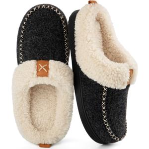 LongBay Womens Felt Sherpa Warm Slippers Bedroom Cozy Memory Foam Moccasin House Shoes with Fuzzy Plush Lining for Winter Indoor Outdoor (9-10, Black)