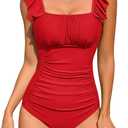 Zando Modest Women's One Piece Swimsuits Ruffle Sleeve Square Neck Ruched Tummy Control Slimming Bathing Suits 2026 (X-Large, Red)