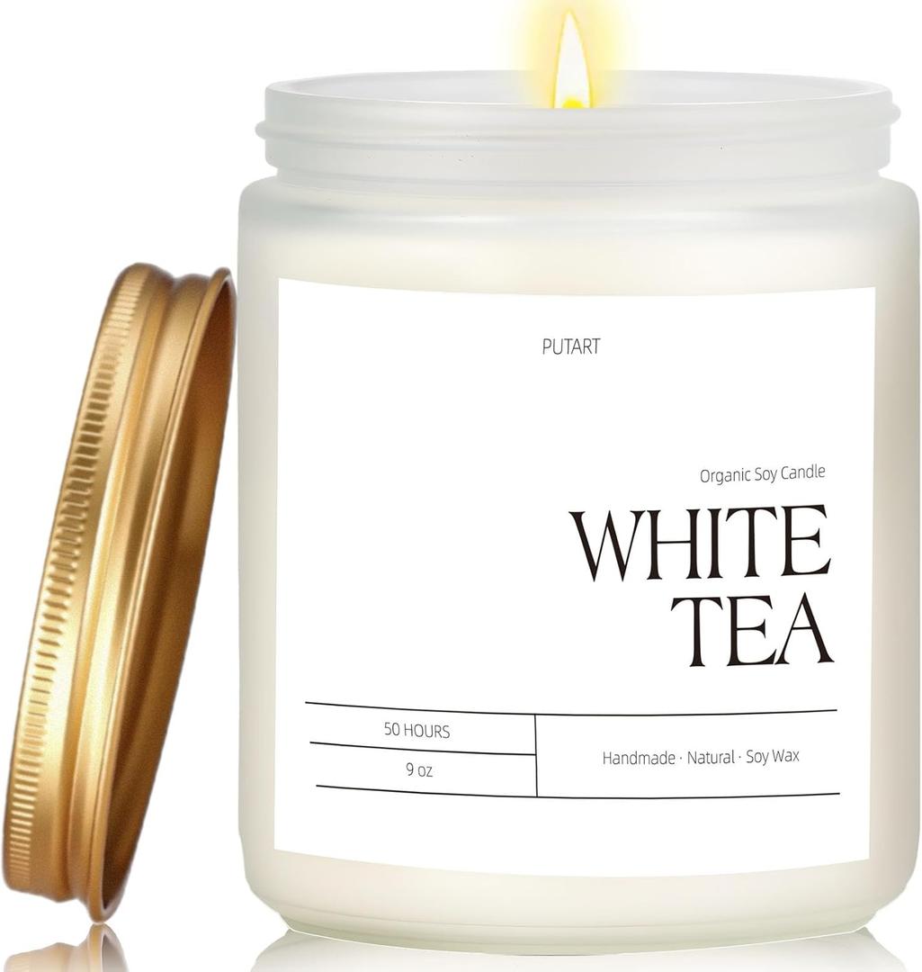 Putart White Tea Candles for Home Scented, Natural Soy Wax Aromatherapy Non Toxic Scented Candle, Handmade Highly Scented & Long Lasting Jar Candle for Stress Relief, Relaxation, Holiday Gifts (9oz)