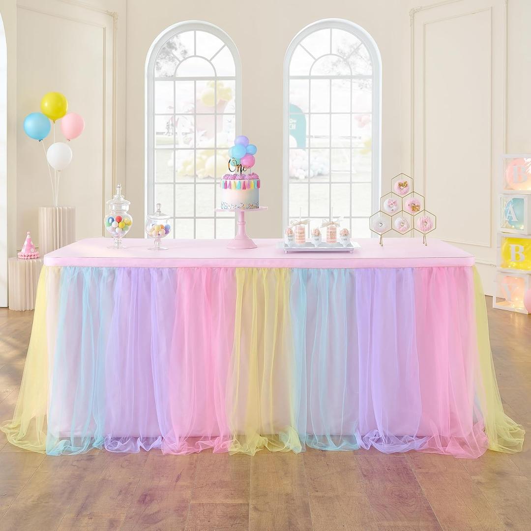 72in Rainbow Tulle Table Skirts for Rectangle Tables 6/4ft, 2-Layer Pastel Color Unicorn Ruffle Tulle Tutu Cloth Table Skirt 6ft for Girl Birthday Party Baby Shower Cake Dessert(No Table Cover)
