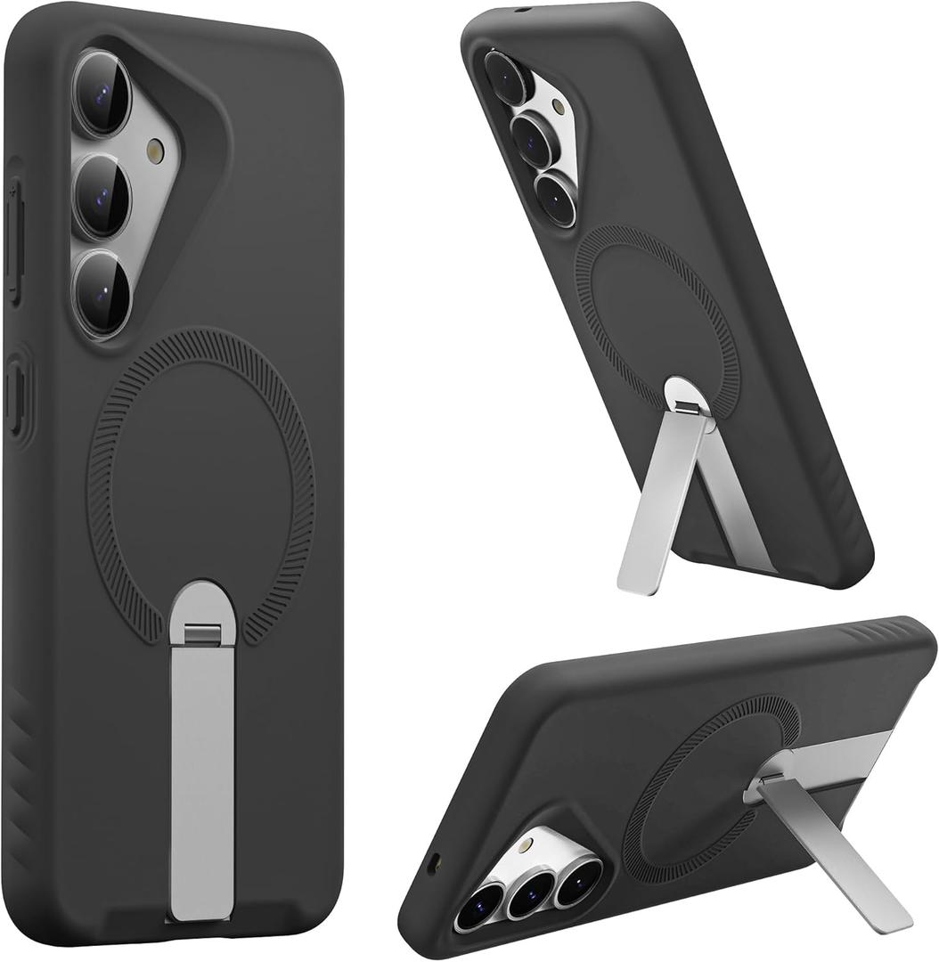 for Samsung Galaxy S25 Plus Case, Magnetic Silicone Slim Shockproof Protective Phone Case with Built-in Adjustable Kickstand (Black)