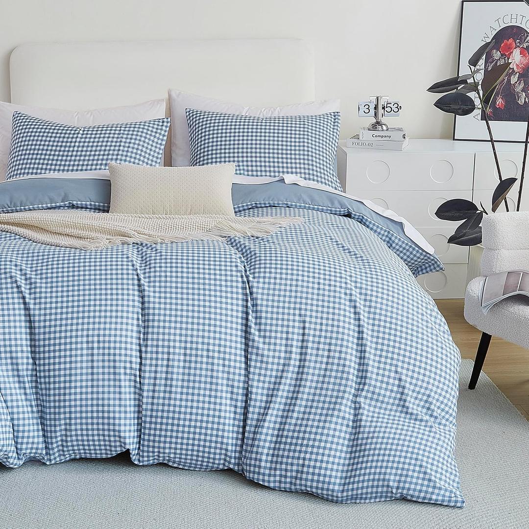 Oli Anderson King Comforter Set, 3 PCS Bedding Comforter, Reversible Lightweight Fluffy Checkered Bedding Set with 2 Pillowcases for All Seasons (Blue Gingham, King)