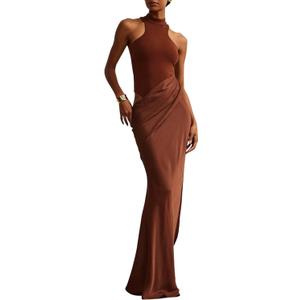 Women's Sexy Sleeveless Cut Out Maxi Dress Mock Neck Pleated Satin Zipper Back High Waist Patchwork Vest Long Dresses (Brown), Small