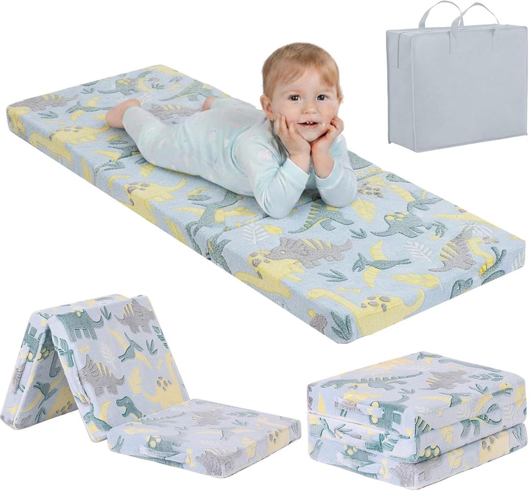 Tiita Foldable Floor Mattress for Kids-Glow in The Dark Toddler Nap Mat with Storage Bag, Portable Toddler Floor Pad for Travel, Daycare, Camping, RV, Playroom, Green Dinosaur, 57"L x 22"W x 3"Th
