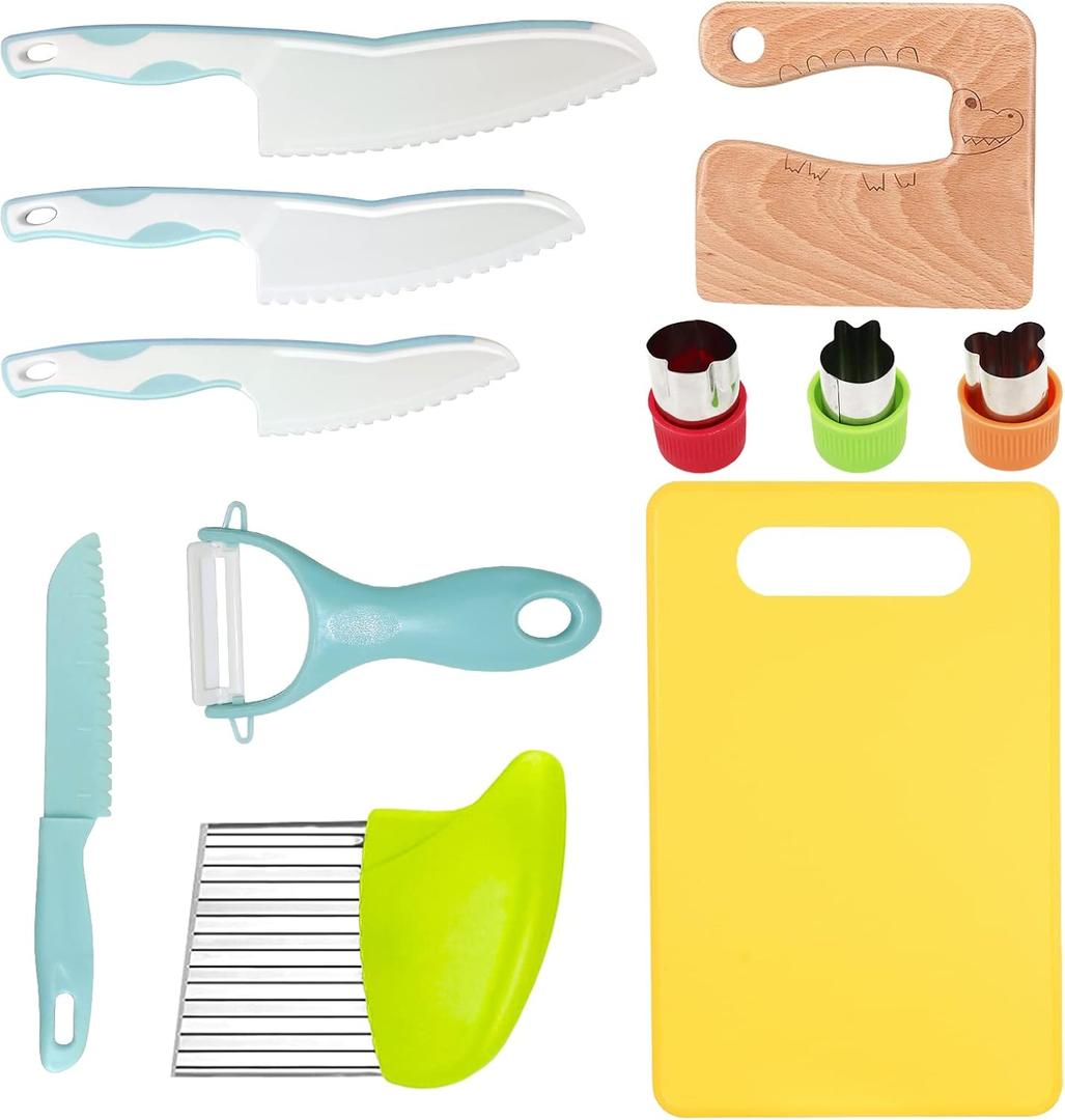 RISICULIS 11 Pieces Wooden Kids Kitchen Knife, Blue Kids Knife Set Include Wood Kids Knife, Serrated Edges Plastic Toddler Knife, Crinkle Cutter, Sandwich Cutter, Y Peeler, Cutting Board