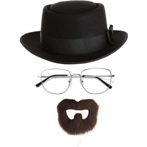 Halloween Costume Accessories Men Set Include Felt Fedora Transparent Lens Glasses Fake Beard for Walter White Cosplay Party