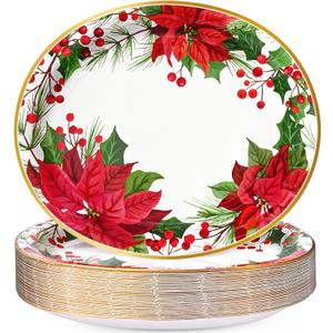 Homlouue 50 PCS Christmas Oval Paper Plates, 12" x 10" Christmas Plates Disposable, Poinsettia Themed Holiday Paper Plate, Heavy Duty Party Plate for Holiday Dinner Gathering Xmas Party Decoration