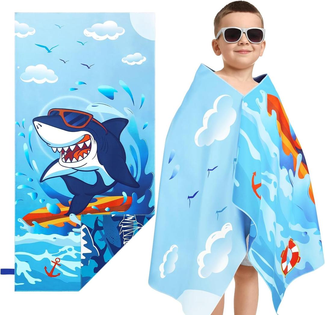 WERNNSAI Shark Kids Beach Towel for Boys, 30 x 60 Double-Sided Towels for Kids, Kids Beach Pool Bath Bathroom Swim Towel, Quick Dry Ultra Absorbent Super Soft Beach Blanket Towel