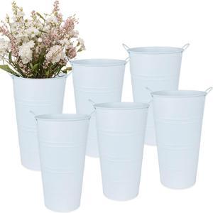 vensovo 12 Inch Galvanized Metal Vases for Flowers - 6 Pcs Farmhouse Decorative Tall Flower Bucket with Handles, Rustic French Tin Planter Buckets for Wedding Decor (Pure White)