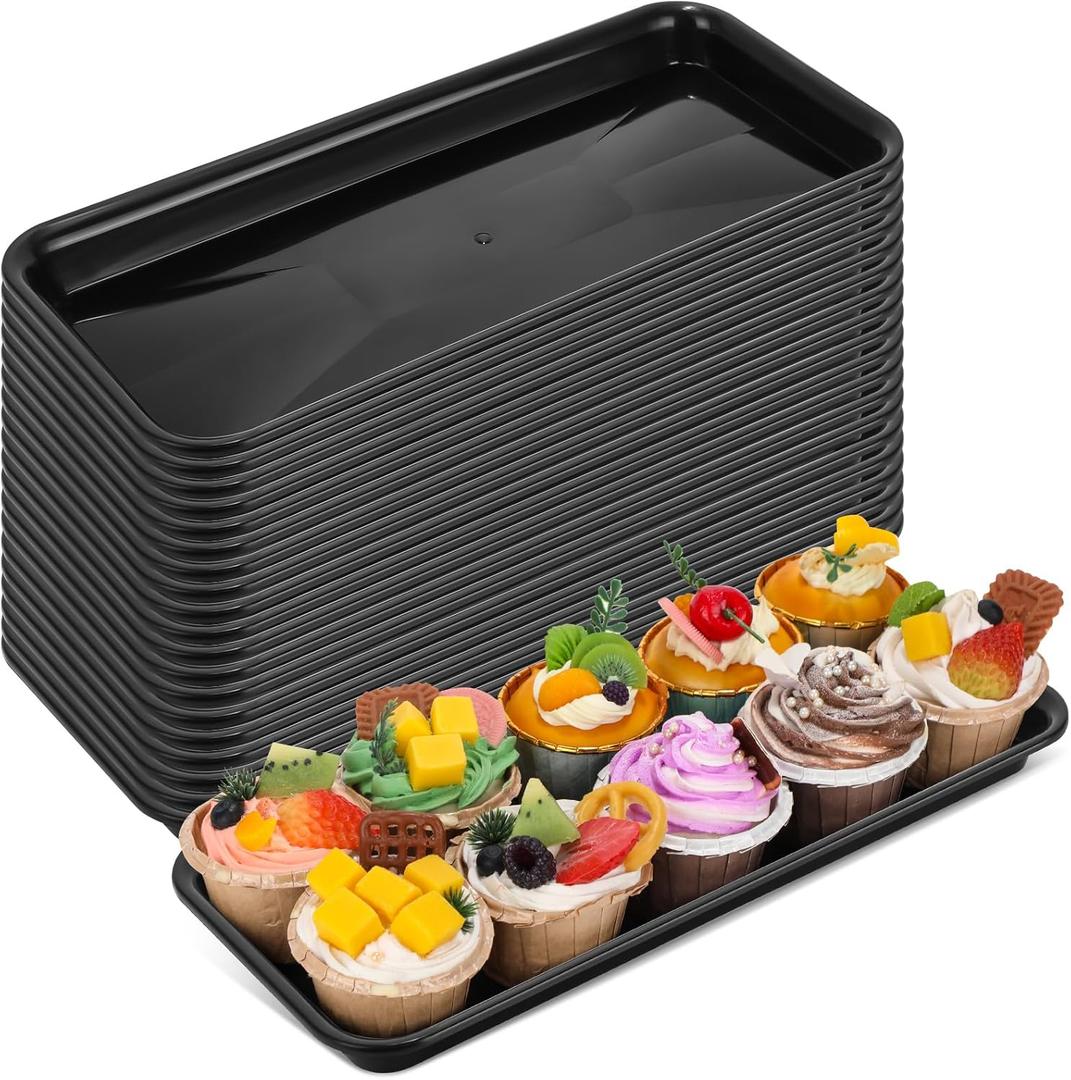 Ziliny 20 Pcs Serving Platters 14 x 6 Inch Rectangle Serving Trays Reusable Food Tray Dishes Dessert Trays Plastic Plates for Wedding Home Table Thanksgiving Christmas Party(Black)