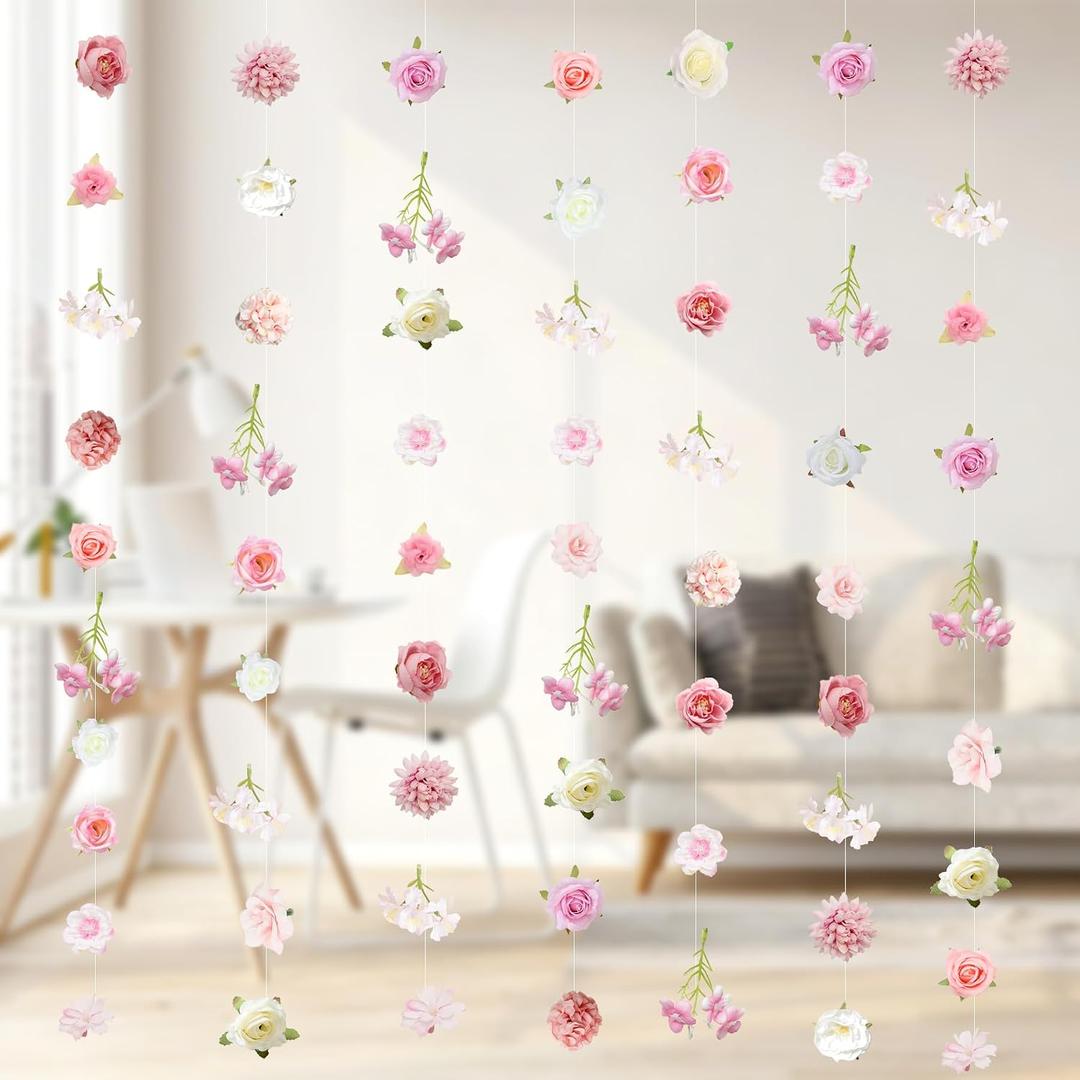 2 x 6 PCS Artificial Flower Garlands Hanging Decorations, Floral Hanging Backdrop Wildflower Banner with Hooks Spring Party Decorations for Wedding Party Birthday Anniversary Arch Decor (White), 1.6 Meters