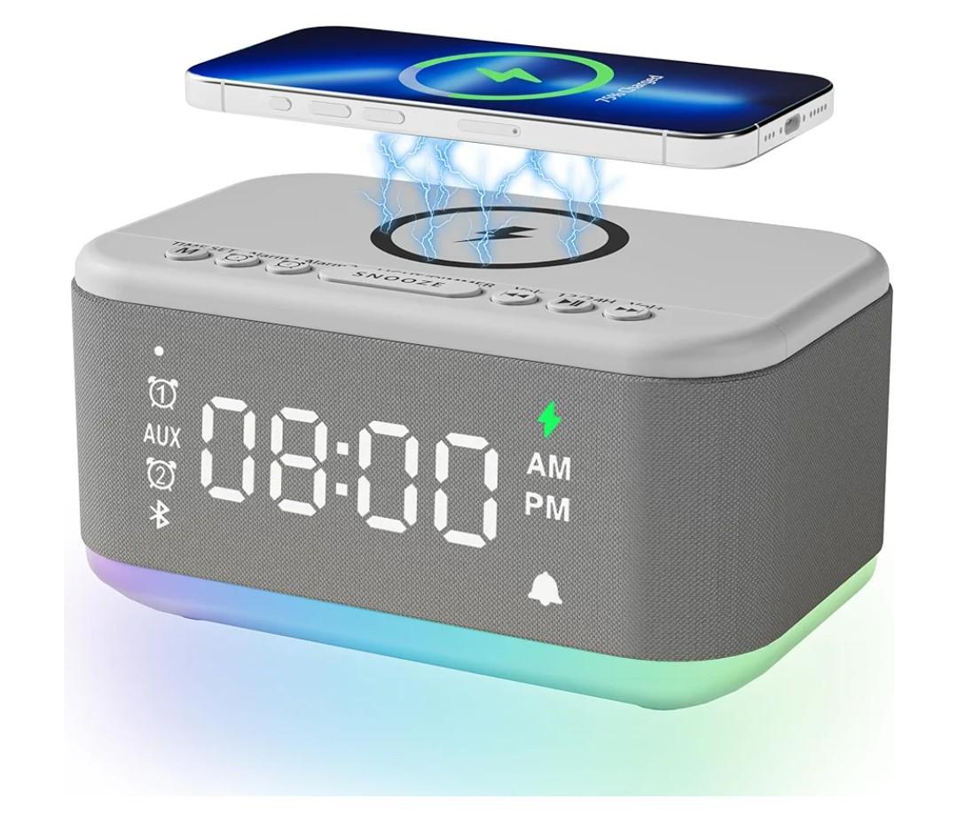 Alarm Clock Speaker Wireless Charger, Digital Alarm Clocks Bedrooms Bluetooth, Alarm Clock Dimmable Light Bedrooms Dual Alarm Snooze Dimmer 12 24H RGB Night Light Bluetooth USB AUX, Gray