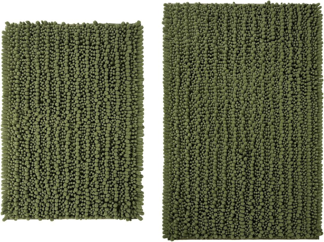 2 Pieces Bath Rug Set Extra Thick Absorbent Chenille Absorbent Upgrade Non-Slip, Quick Dry, Soft Plush for Tub, Shower, and Bath Room(Olive Green)