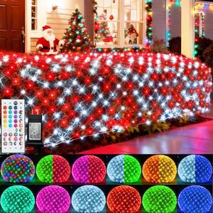Pooqla Color Changing Net Lights, 34 Colors Christmas Outdoor Mesh Lights with Remote, 14.8x4.9 ft 240 LED RGB Net Light Connectable Plug in Waterproof for Bush Thanksgiving Christmas Decoration (Clear Wire)