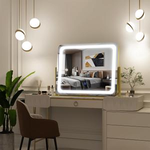 FENNIO Vanity Mirror with Lights 14x12 Inch - Makeup Mirror with Lights Tabletop, 3-Color Dimmable Lighted Mirror, Touch Control Desktop Mirror for Women (Gold)