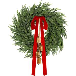Fovths 24 Inch Christmas Wreath Large Real Touch Norfolk Pine Wreath with Bells Velet Ribbon Bows Faux Greenery Realistic Wreaths for Front Door Home DIY Wall Window Indoor Outdoor Holiday Decor