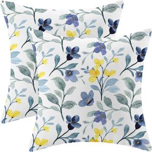 Yellow Blue Flower Pillow Covers 18x18 Set of 2, Watercolor Plants Farmhouse Decorations Throw Pillow Covers Vintage Floral Leaves Outdoor Decorative Linen Cushion Case for Couch Sofa Home