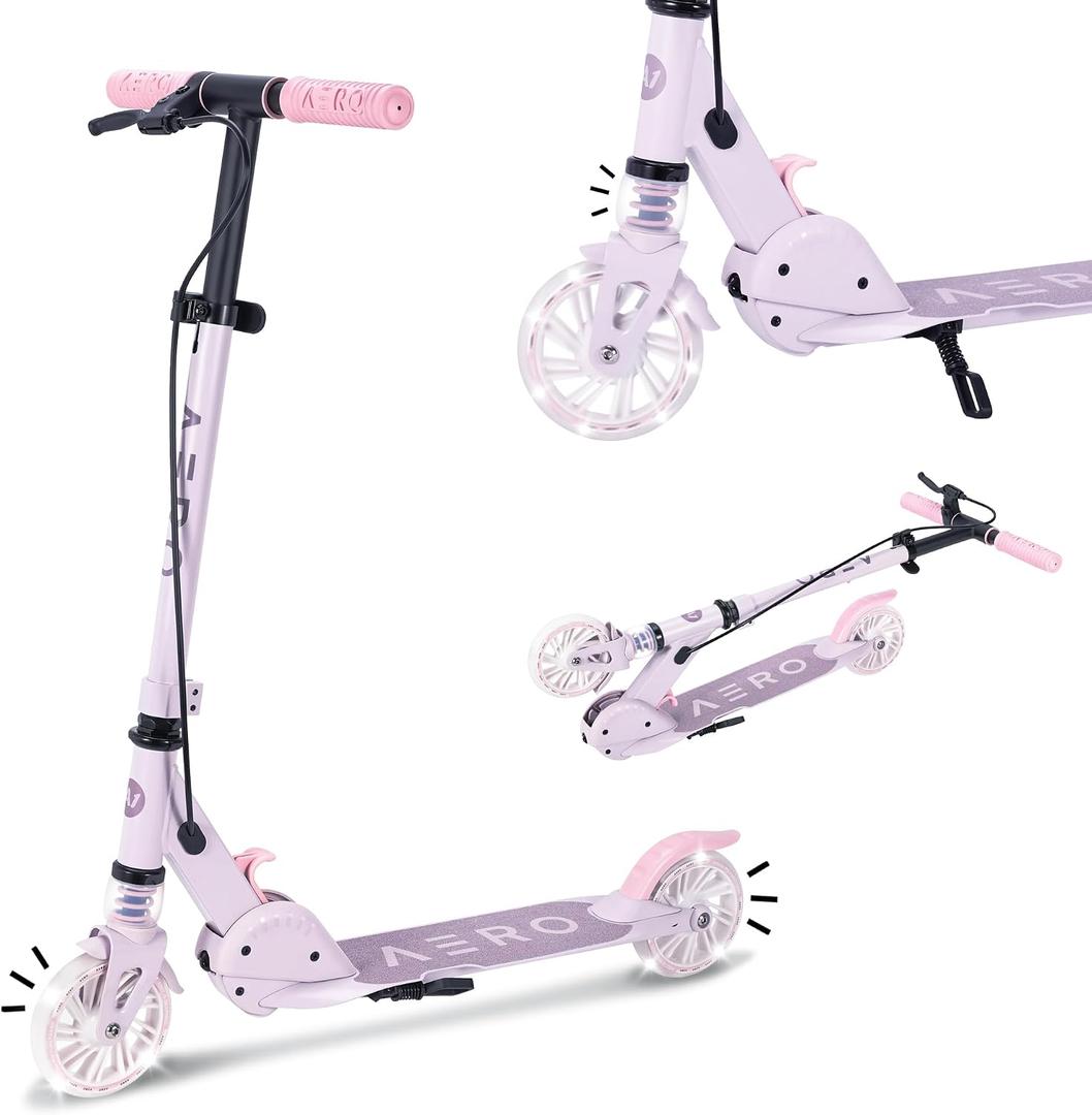 AERO MOBILITY Two-Wheel Kick Scooter for Kids 5-8 with Dynamic RGB Lights, A1-Purple Pink (hand brake)