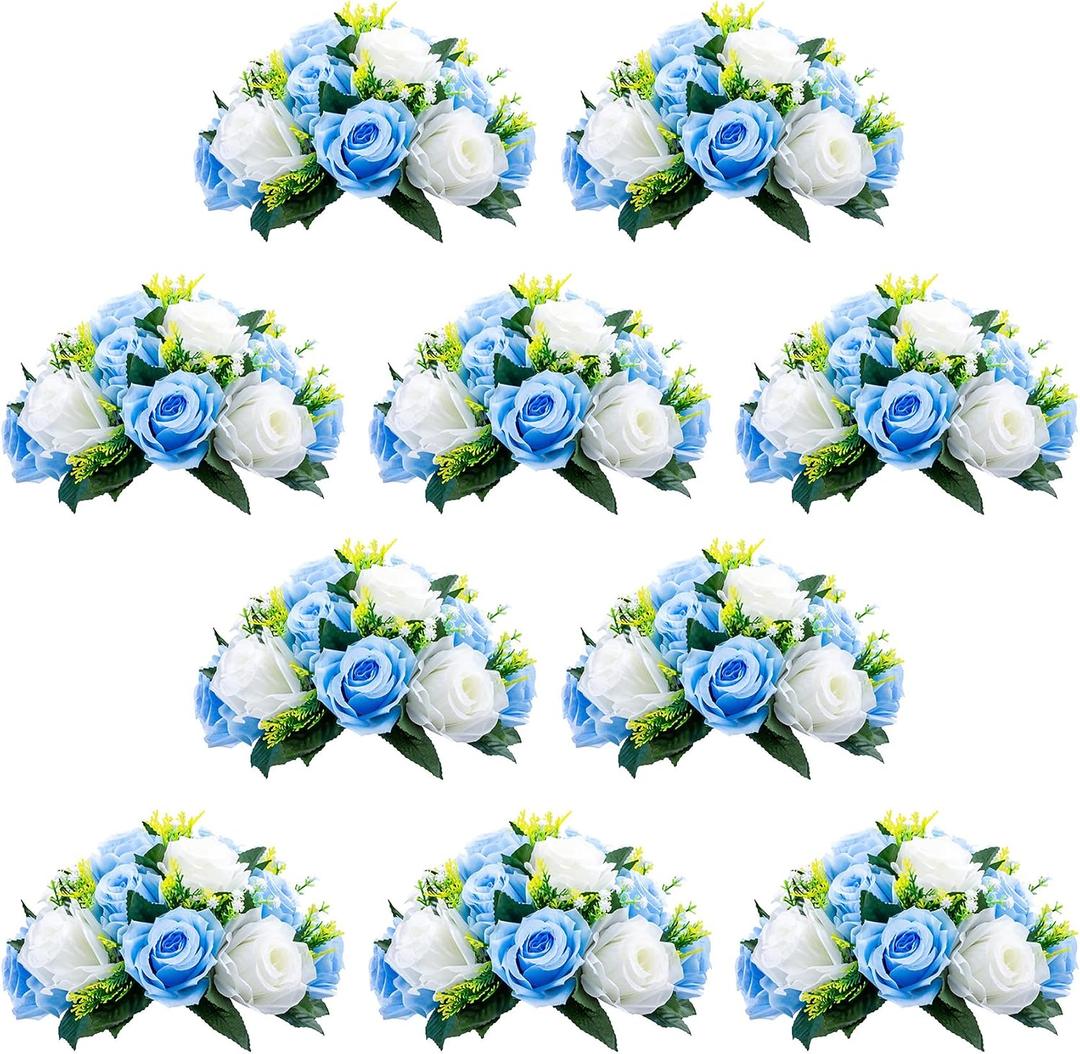 NUPTIO Flower Centerpieces for Wedding Tables: 10 Pcs Blue & White Artificial Flower Ball Arrangement for Weddings Party - Fake Floral Rose for Birthday Bridal Shower Decorations