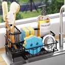 Consuemst Sponge Holder for Kitchen Sink - Auto Draining Sink Caddy Organizer with Detachable Rack, High Brush Holder, Kitchen Countertop Storage Accessories, Black