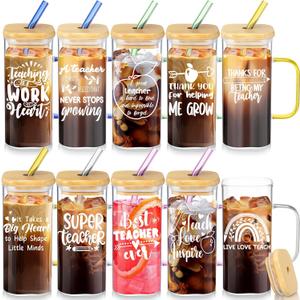 10 Pcs Appreciation Glass Cup Bulk 13. 5 oz Square Thank You Teacher Cup with Handle Lid Straw Glass Jar Motivation Bottle Tumbler for Father Day Men Staff Employee Team School(Classic)