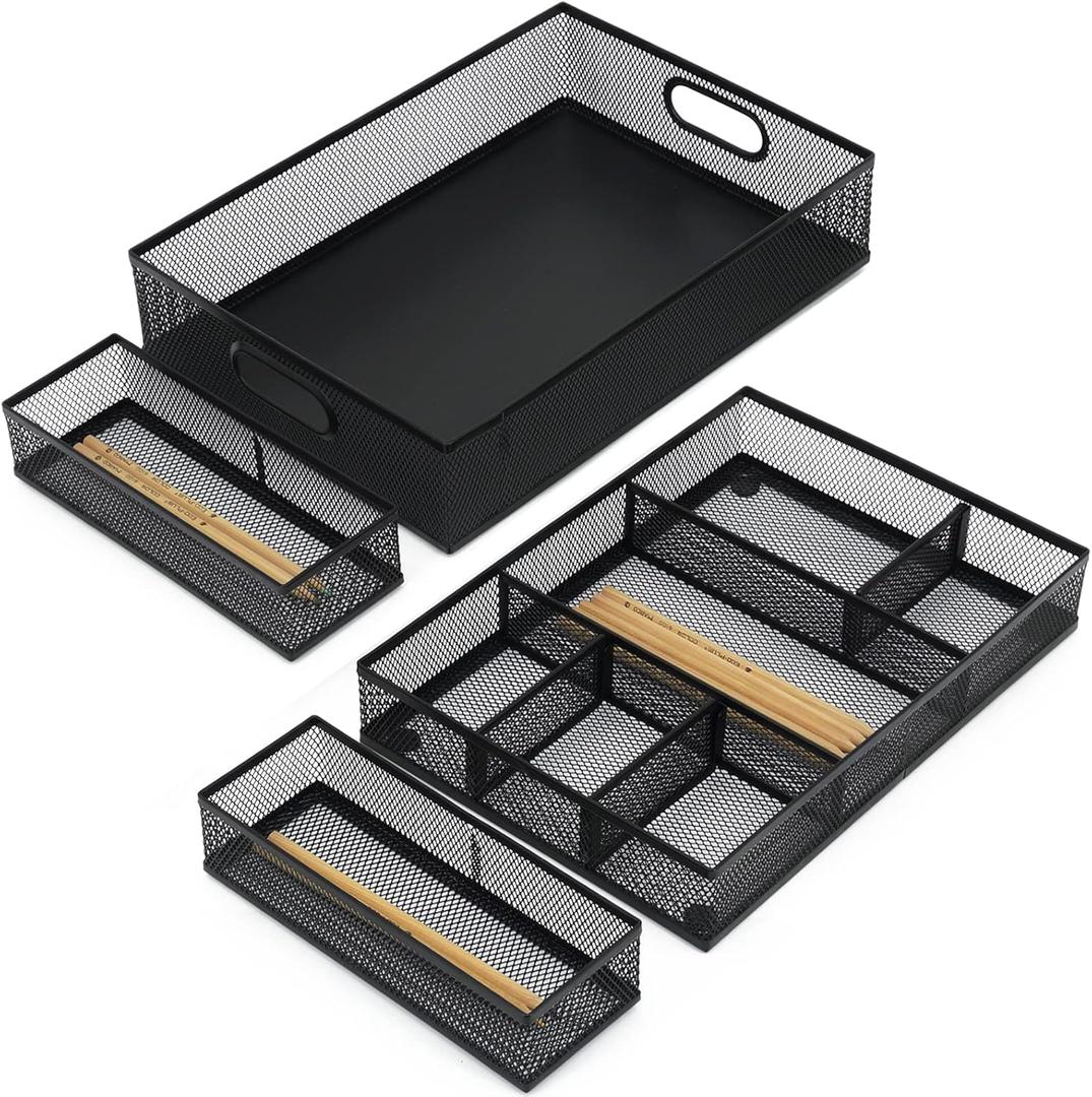 Desk Drawer Organizer, 4 Pack Metal Mesh, Black
Adjustable Dividers, Stackable, Pen Organizer, Office Supplies Organizer