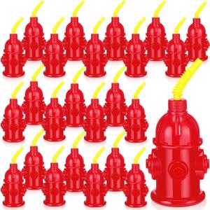 Panitay 24 Pcs 10oz Straw Fire Hydrant Cups with Lids Plastic Firefighter Patrol Party Favors Reusable Red Fire Truck Cup Decoration for Firefighter Birthday Party Supplies
