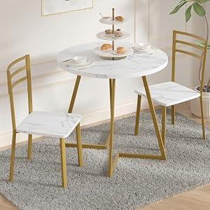 VECELO Small Round Dining Table Set for 2, Wood Tabletop with Strong Metal Frame, Modern Dinette with Chairs for Kitchen, Breakfast Nook Living Room, White & Gold