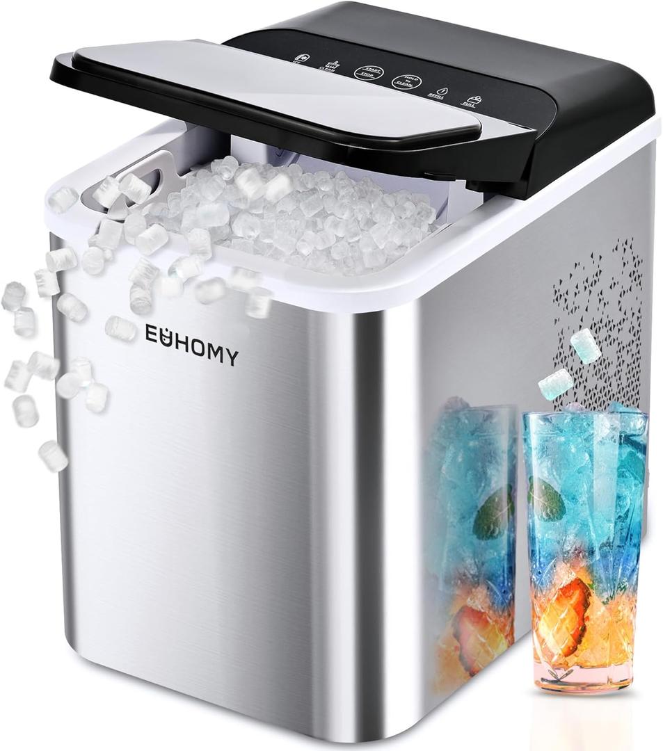 EUHOMY Nugget Ice Makers Countertop, Ready in 8 Mins, 35lbs/24H, Self-Cleaning, Portable Ice Maker Machine with Ice Scoop & Basket, Sonic Ice Maker with Chewable Pellet Ice for Home/Party/RV/Camping (Silver)