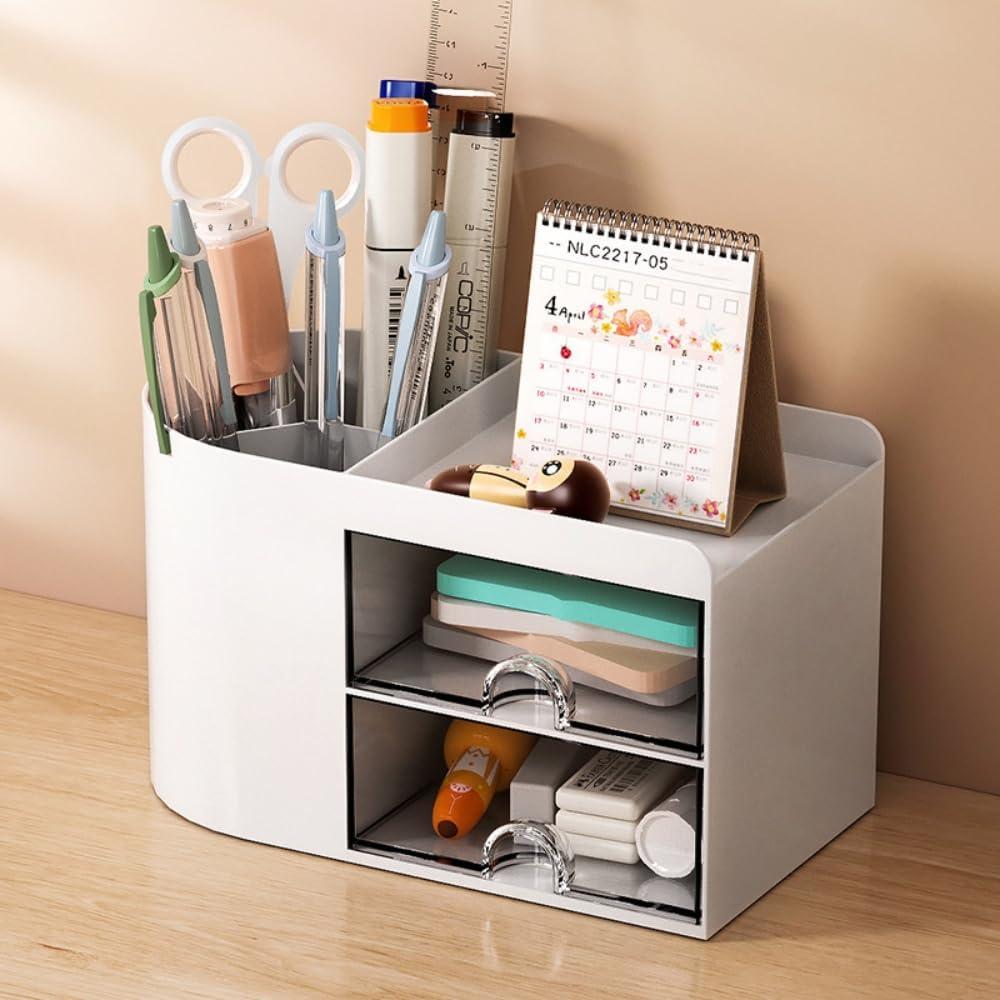 Pencil Holder for Desk Pens Cup Pencil Organizer Cute Pen Holder for Desk with 2 Drawers for Office Supplies/Colleage/Home/School