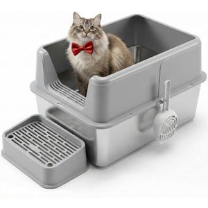 Stainless Steel Litter Box Extra Large Enclosed Cat Metal Litter Box with Lid for Big Cats High Sided Anti-Urine Leakage Non-Stick Bottom & Includes Pedal & Metal Scoop with Liner Gray