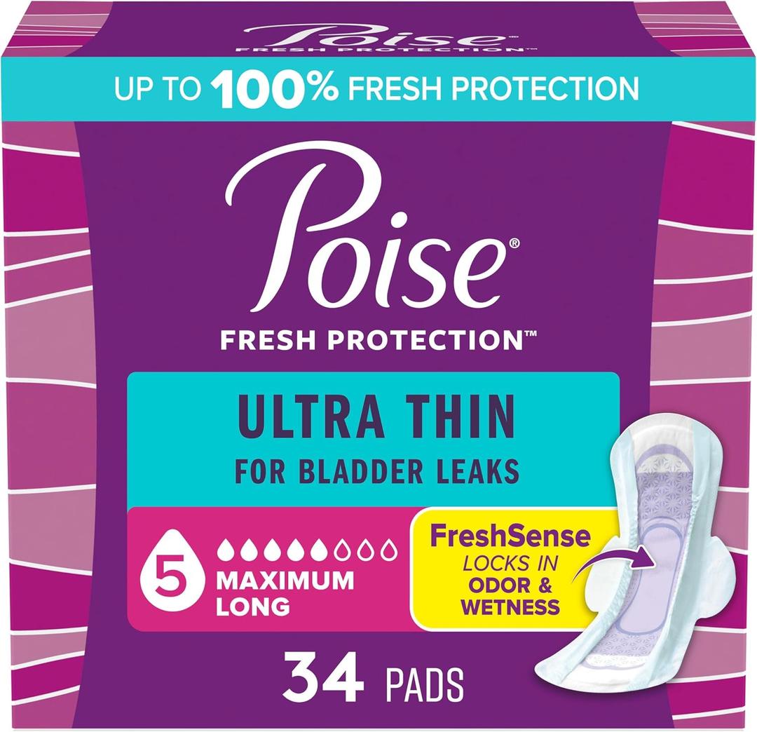 Poise Ultra Thin Incontinence & Postpartum Pads with Wings for Bladder Leaks, 5 Drop Maximum Absorbency, Long Length, 34 Count, Packaging May Vary