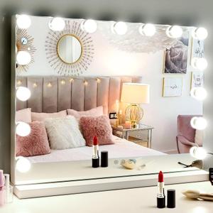 M MIVONDA Hollywood Vanity Mirror with Dimmable 15LED Bulbs Lights 3 Lighting Modes 2In1 Large Lighted Makeup Mirror for Desk and Wall with Plug-in and USB Charger Port