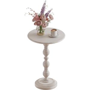 Small Round Metal Side Table, Lightweight Decorative Drink Table with Vintage Roman Column, Retro Distressed Accent Table for Living Room, Bedroom, Corners (1, Retro White)
