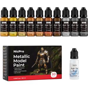 Nicpro 10 Colors Metallic Model Paint Set, 20ml Ready to Use Modeling Acrylic Paints, Brush & Airbrush Compatible, Miniature Paint Set for Beginner & Pro on Model, Scale Figure, Crafts, with 1 Thinner