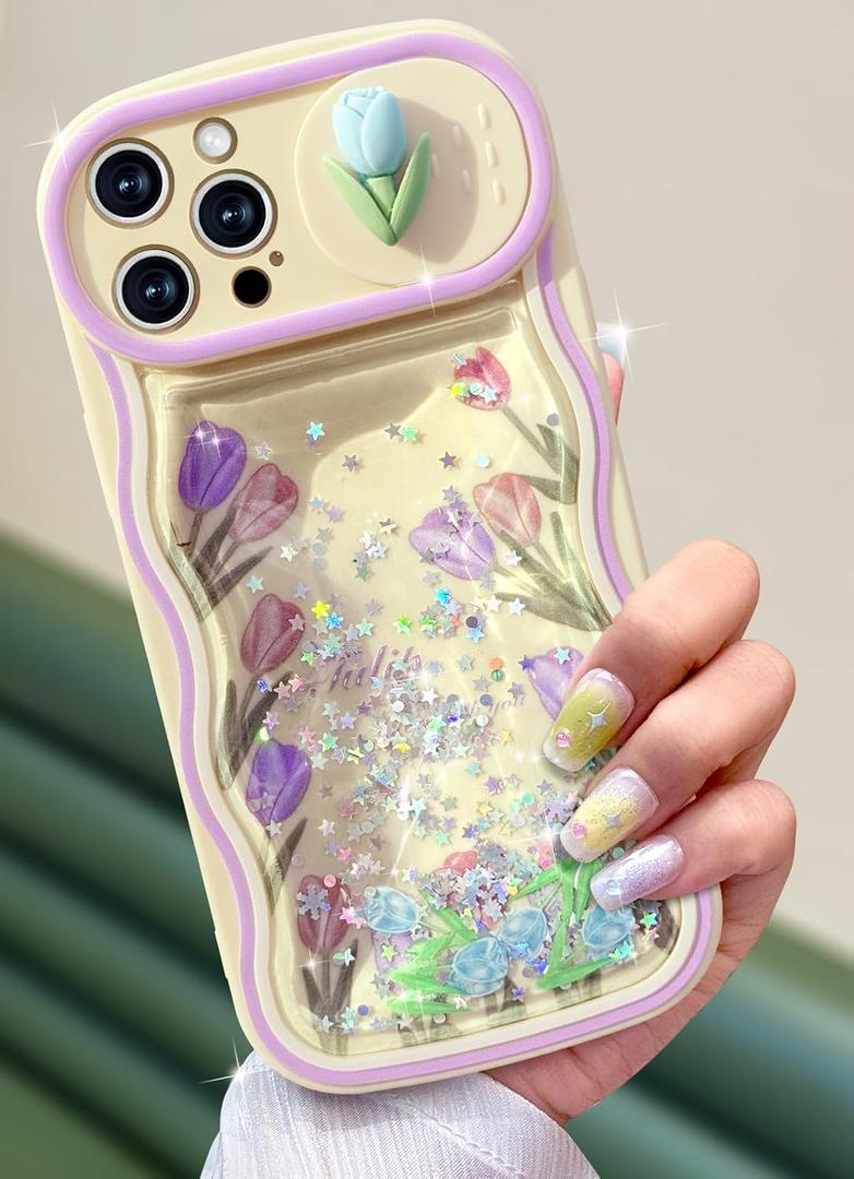 Toycamp for iPhone 15 Pro Max Case - Women Girls Cute Phone Cover Flower Tulip with Sliding Camera Cover Girly Glitter Pretty Kawaii Design Flowing Liquid Quicksand Case for iPhone 15 Pro Max 6.7 "