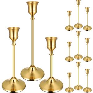 12PCS Brass Gold Taper Candle Holders Set, Vintage Metal Candlestick Holders for Table Centerpiece, Wedding Reception, Festive Christmas Mantel Decoration