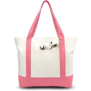 TOPDesign 3-Pack Canvas Tote Bags with an External Pocket, Reusable Grocery Shopping Bags, Top Zipper Closure, Daily Essentials (Rose Pink/Natural)