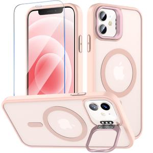 Fin2feel Magnetic for iPhone 12/iPhone 12 Pro Case with Screen Protector, Compatible with MagSafe, Built-in Stash Stand Phone Case Anti-Scratch Shockproof Cover for iPhone 12/12 Pro(Translucent Pink)
