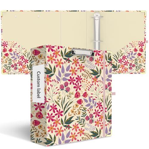 3 Ring Binder 3 Inch, Cute Decorative Hardcover Low Profile Clipboard with Storage, 3'' Round Ring Binders for Letter Size Paper, Durable Binder Organizer for School Office Supplies(Pink Floral)