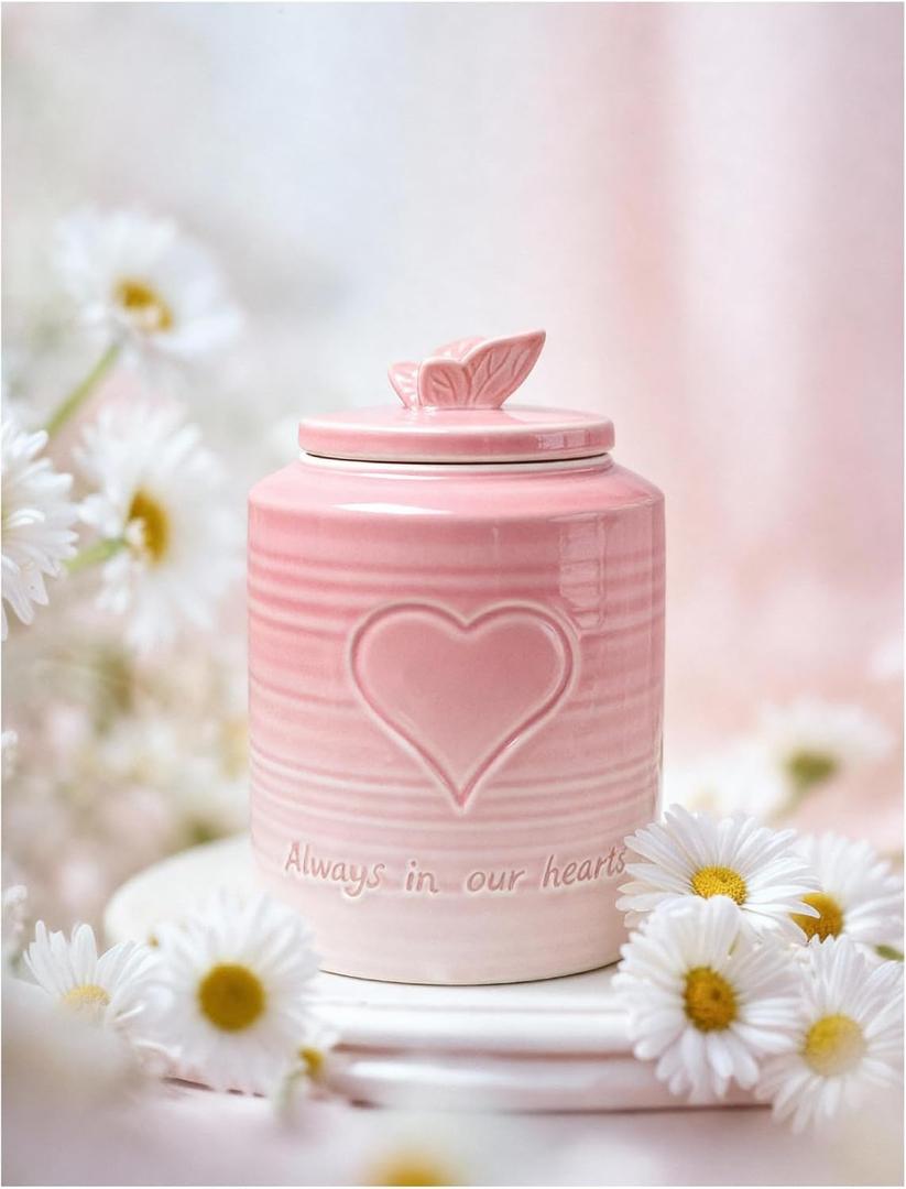 Handcrafted Ceramic Cremation Urn for Human Ashes Adult Small Butterfly Memorial Urn (Petal Pink)