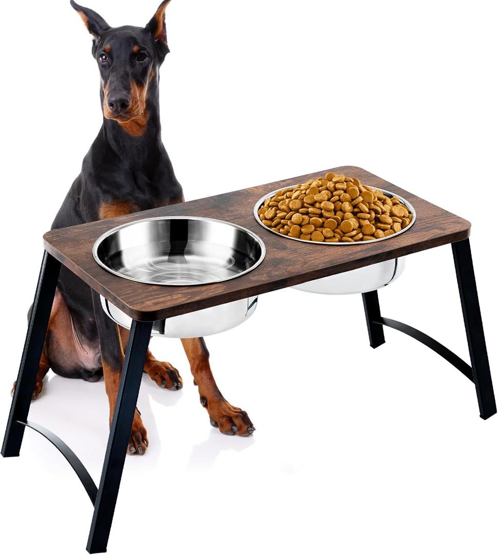 Elevated Dog Bowls for Medium and Large Dogs Wood Raised Bowl Stand with Two 1700ML (58oz) Stainless Steel Dog Food and Water Bowls, Non-Slip