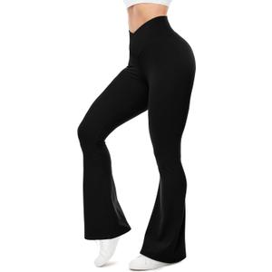 UEU Flare Leggings for Women with Tummy Control, V Crossover High Waisted Yoga Pants, Bootcut Wide Leg, 29-33" Inseam (X-Large, Black)