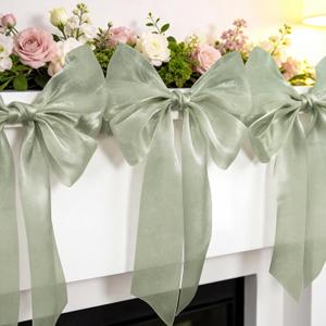 1-String 6.5ft Sage Green Bows Garland Banner, 6 Pcs Pre-Strung Bow Party Decorations for Birthday, Bachelorette Party, Girly Pink Party Supplies, Baby Shower, Bridal Shower