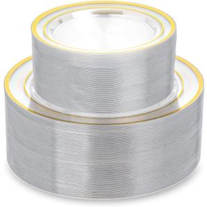 200PCS Clear Plastic Plates, Disposable Party Plates with Gold Rim