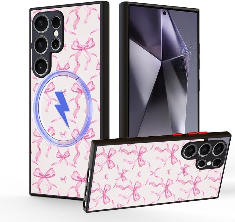 Compatible for Smasung Galaxy S25 PlusMagsafe Case, Aesthetic Pink Ribbons and Bows in Watercolor Print Art Thin Soft Black TPU +Tempered Mirror Protective Magnetic Case