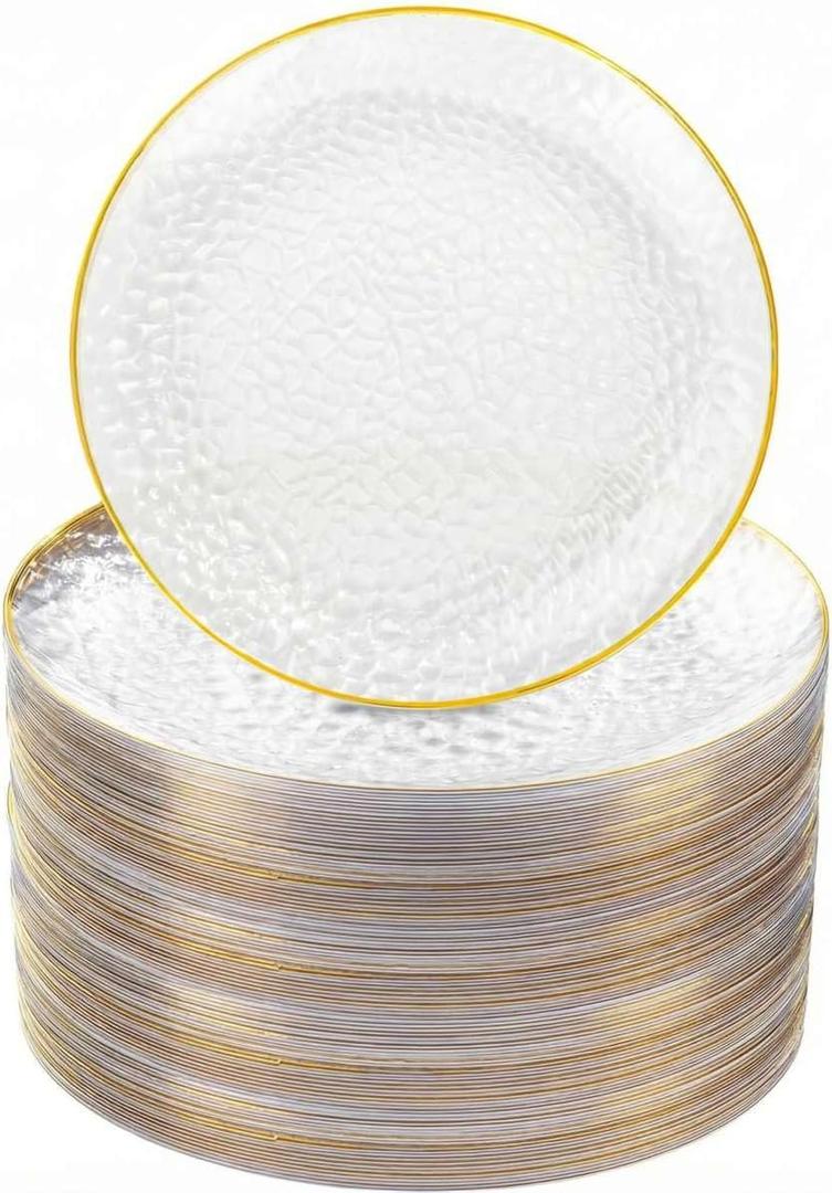 Rubtlamp 60 Pcs Gold Plastic Plates,10 inch Clear Gold Dinner Plates, Hammer Pattern Design, Fancy Clear and Gold Disposable Plates For Party