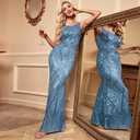 Glitter Formal Dresses Long Evening Gowns Bodycon Mermaid Sparkly Sequin Boat Neck Cocktail Party Dress (Blue, XL)
