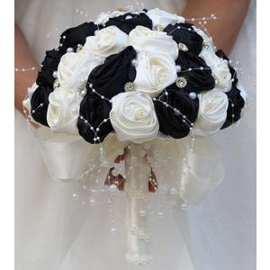 Bridal Wedding Bouquet Round Bling Brooch Bouquet Throw Toss Artificial Rose Flower Bunch for Bride Bridesmaid Wedding Quinceanera(Black & Ivory, 7.5") (Small (Dia. 7.5"/19cm))